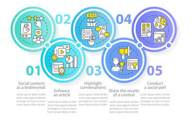 Media embeddedness use methods circle infographic template. Social content. Data visualization with 5 steps. Editable timeline info chart. Workflow layout with line icons. Myriad Pro-Regular font used