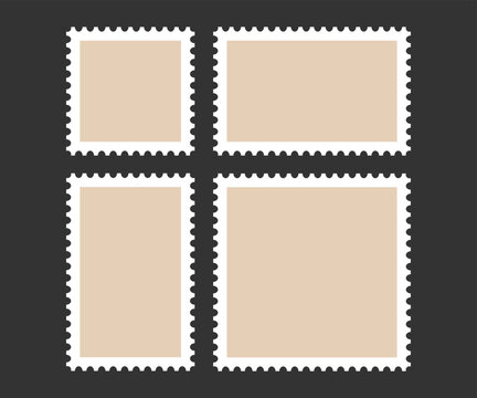 Postage stamp frames set. Empty border template for postcards and letters. Blank rectangle and square vintage postage stamps with perforated edge. Vector illustration isolated on white background.