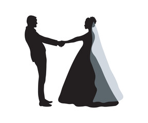black silhouette of the bride and groom holding hands on a white background