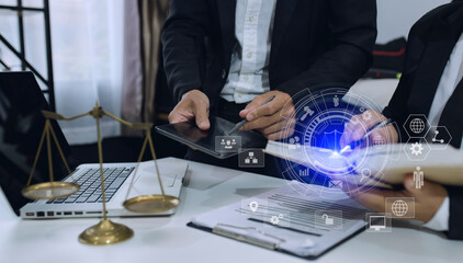 Concepts of Law and Legal services. Lawyer working with law interface icons. 