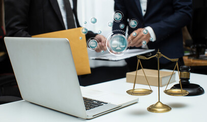 Concepts of Law and Legal services. Lawyer working with law interface icons. 