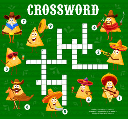 Funny mexican nachos chips characters crossword grid. Find a word quiz game or word maze vector worksheet with charro cowboy, sheriff and mariachi tortilla nachos, sombrero hats, maracas and guns