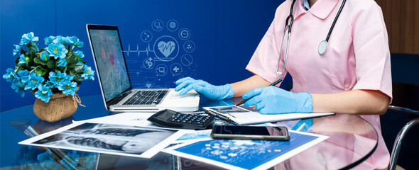 Medicine doctor using digital healthcare and network connection on hologram modern virtual screen...