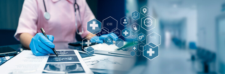 Medicine doctor using digital healthcare and network connection on hologram modern virtual screen...