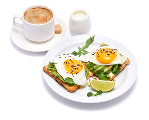 sliced avocado and fried egg on toasted bread isolated on white background