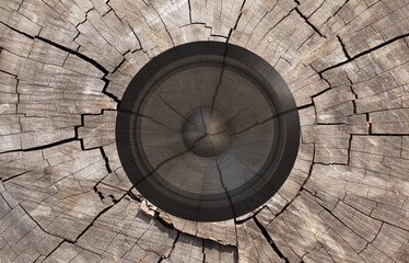 Cross section of oak grove tree trunk showing growth rings isolated with Loud speakers