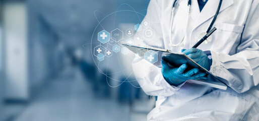 Medicine doctor using digital healthcare and network connection on hologram modern virtual screen...