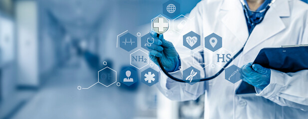 Medicine doctor using digital healthcare and network connection on hologram modern virtual screen interface icons, Medical technology futuristic concept.