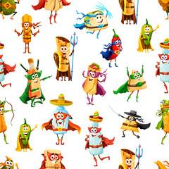 Fototapeta premium Tex Mex Mexican food superheroes and defenders seamless pattern, vector background. Cartoon super hero characters pattern, burrito and taco in Mexican sombrero, nachos and churros, avocado and tequila
