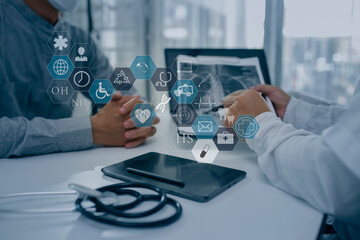 Obraz na płótnie Canvas Medicine doctor using digital healthcare and network connection on hologram modern virtual screen interface icons, Medical technology futuristic concept.