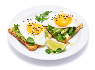 Fototapeta na wymiar sliced avocado and fried egg on toasted bread isolated on white background