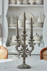 An old vintage metal candlestick for three candles is on the table. In the background is a cupboard with dishes. Vintage interior.