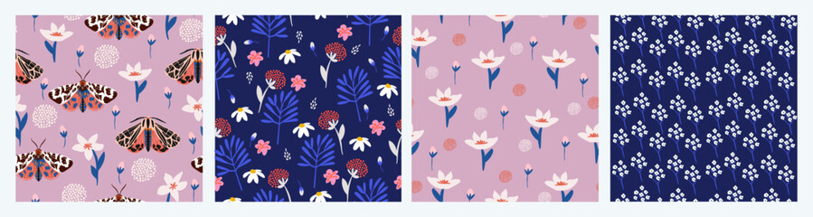 Seamless pattern with moths, flowers, and butterfly. Floral background set for fabric, wrapping, textile, wallpaper, apparel. Vector illustration.