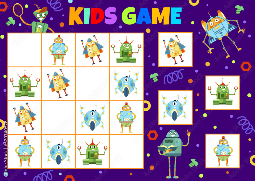 Poster cartoon funny robots, sudoku kids game worksheet and vector tabletop board game. sudoku puzzle or fi