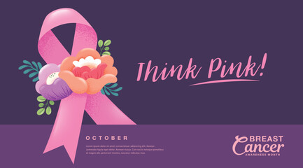 Breast cancer awareness month poster design with pink ribbon and flowers