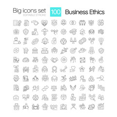 Fototapeta na wymiar Organizational ethics linear icons set. Effective interaction. Collaboration, support. Customizable thin line symbols. Isolated vector outline illustrations. Editable stroke. Quicksand-Light font used