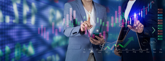Businessman hands touching on network and digital finance marketing chart and future technology...