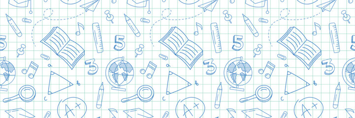 School seamless background. Education, science concept. Back to school pen doodles seamless pattern. Seamless pattern with doodles of school supplies drawn by a pen on a notebook sheet - obrazy, fototapety, plakaty