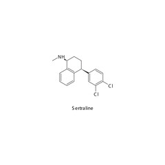 Sertraline molecule flat skeletal structure, SSRI - Selective serotonin reuptake inhibitor class drug used in depression treatment. Vector illustration on white background.