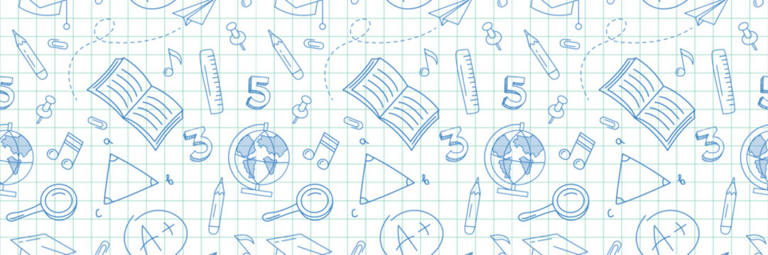 School seamless background. Education, science concept. Back to school pen doodles seamless pattern. Seamless pattern with doodles of school supplies drawn by a pen on a notebook sheet