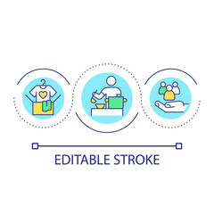 Charity work loop concept icon. Volunteer opportunities abstract idea thin line illustration. Collecting clothing and feeding people. Isolated outline drawing. Editable stroke. Arial font used