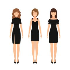 Three women in little black dress. Silhouette apparel. Set elegant cocktail dresses. Collection girl clothing. Clothes icon for girls isolated on a white background. Vector illustration.