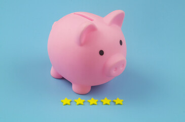 Pink piggy bank with 5 stars on blue background. Best way to save money concept.