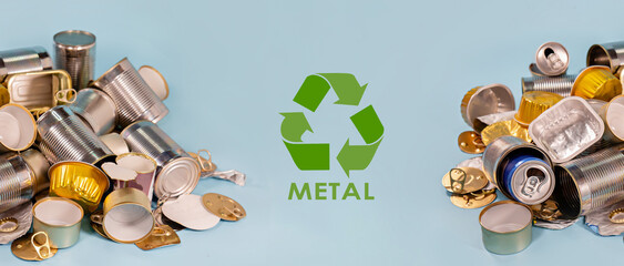 Banner of separate collected metal garbage on blue. Iron stuff for recycle on white background. Eco...