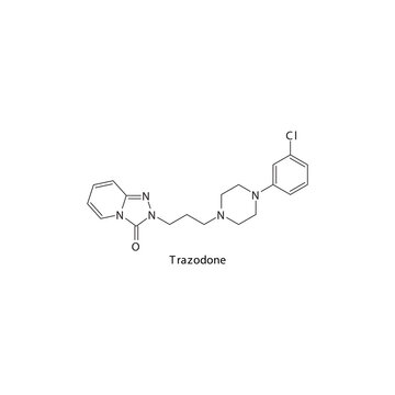 Trazodone molecule flat skeletal structure, SARI - Selective serotonin reuptake inhibitor class drug used in depression treatment. Vector illustration on white background.