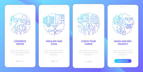 Energy efficiency at home blue gradient onboarding mobile app screen. Walkthrough 4 steps graphic instructions with linear concepts. UI, UX, GUI template. Myriad Pro-Bold, Regular fonts used