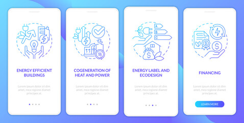 Energy efficiency and conservation blue gradient onboarding mobile app screen. Walkthrough 4 steps graphic instructions with linear concepts. UI, UX, GUI template. Myriad Pro-Bold, Regular fonts used