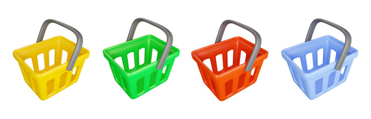 Vector 3d shopping basket set. Different colors supermarket cart illustration isolated on a white background. Render style icons