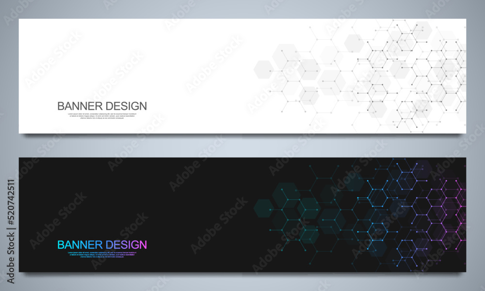 Poster banner design templates and headers for site with molecular structures background and chemical engin
