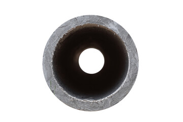 Concrete pipe isolated on white background. Side view, cross-section of a concrete drainage pipe.