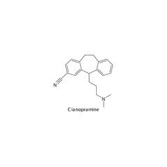 Cianopramine molecule flat skeletal structure, TCA - Tricyclic antidepressant. Vector illustration on white background.