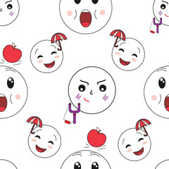 Vector seamless pattern with fun smileys with apple, slingshot, umbrella. Good for fabric, textile, wallpaper, for card design and more