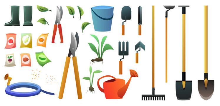 Set of garden tools. Agricultural rural work. Shovels rakes and hoes. Isolated on white background. Watering can for watering for watering. Vector