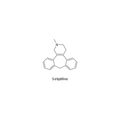 Setiptiline molecule flat skeletal structure, TeCA - Tetracyclic antidepressant class drug used in depression treatment. Vector illustration on white background.
