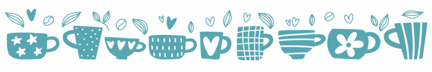 Collection of mugs with patterns for tea and coffee. Multicolored doodles-illustrations for restaurants, cafes.