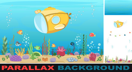 Bottom of reservoir with fish. Set parallax effect. Yellow Submarine. Blue water. Sea ocean. Underwater landscape with animals, plants, algae and corals. Illustration in cartoon style. Vector art