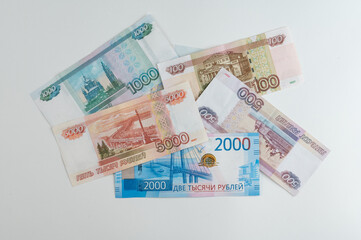 Russian rubles background. Money background and texture. Banknotes of different denominations