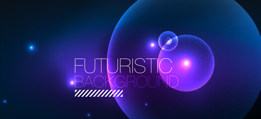 Shiny neon geometric abstract background. Glowing lights on round shapes, triangles and circles. Wallpaper for concept of AI technology, blockchain, communication, 5G, science, business