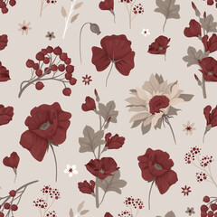 Seamless pattern with red flowers on a beige background - 520744537