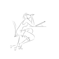Fototapeta premium Girl freelancer blogger at home with a tablet thought about solving a work task. The concept of the problem of burnout at work.