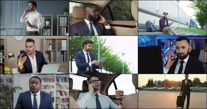 Business people. Male corporate workers speaking on mobile phones outdoors and smiling. Businessman walks on street texting on smartphone. Collage multi screen. Successful man in car, luxury lifestyle