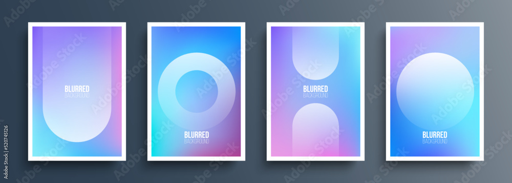 Poster Set of cover templates with abstract round shapes. Futuristic backgrounds with dynamic circle shapes and soft blurred gradient. Vector illustration.