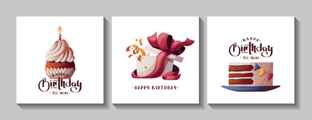 Set of Birthday cards with cake, cupcake and gift box. Handwritten lettering. Birthday party, celebration, congratulations, invitation concept. Square vector illustration. Postcard, card, cover.