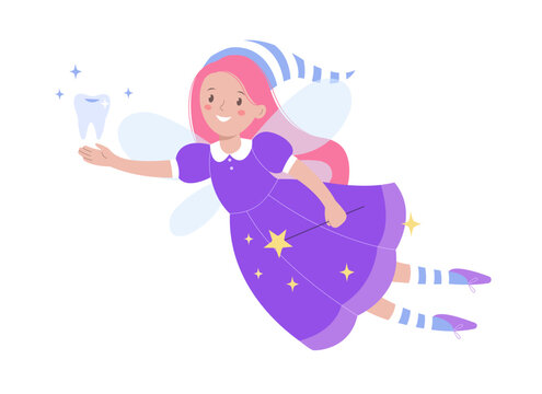 Cute tooth fairy with magic wand and tooth. Vector illustration