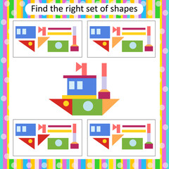 Obraz premium Logic puzzle for kids. Find the correct set of boat. Preschool worksheet activity. Vector illustration