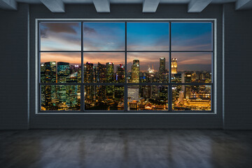 Downtown Singapore City Skyline Buildings from High Rise Window. Beautiful Expensive Real Estate overlooking. Empty room Interior Skyscrapers View. Night time. 3d rendering. - obrazy, fototapety, plakaty